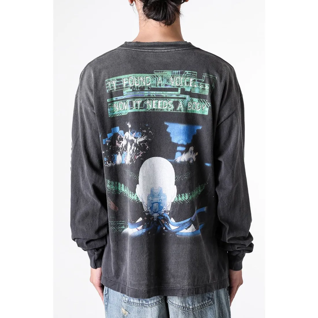 SAINT Mxxxxxx × GHOST IN THE SHELL Ghost in the Shell GS_LS TEE/GITS/BLK Big IP Ghost in the Shell co-branded model Sleeping Motoko Kusanagi Retro distressed long sleeves with holes Washed black S-XL